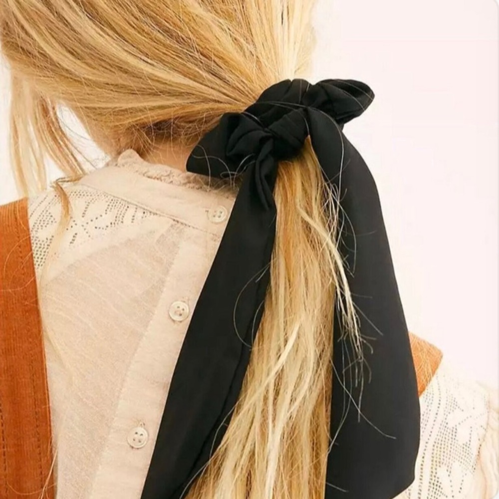 Modern black ribbed fabric silky scarf scrunchie hair tie